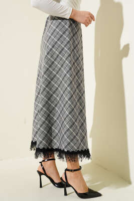 Ekoseli Ucu Tüllü Etek Gri - Uzun Etek