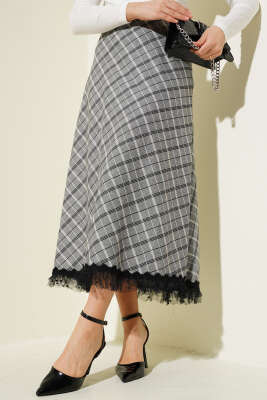 Ekoseli Ucu Tüllü Etek Gri - Uzun Etek