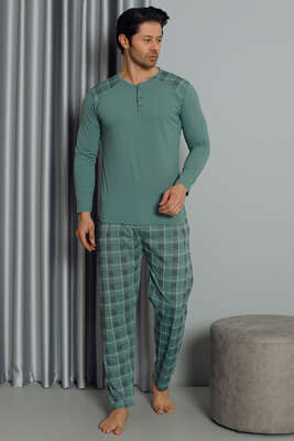 Ekoseli Uzun Kol Erkek Pijama Takımı Yeşil - Thumbnail