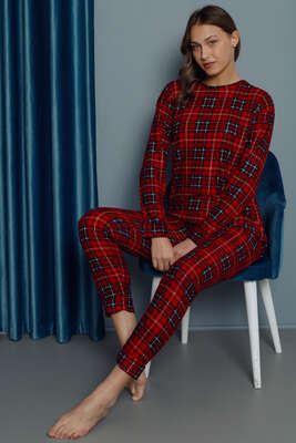 Ekoseli Uzun Kol Kadın Pijama Takımı Kırmızı - Thumbnail