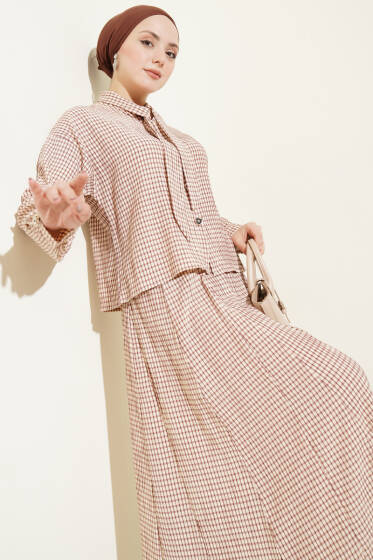 Ekoseli Yaka Bağlamalı Etekli Takım Bej - İkili Takım