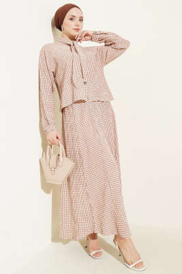 Ekoseli Yaka Bağlamalı Etekli Takım Bej - İkili Takım