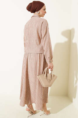 Ekoseli Yaka Bağlamalı Etekli Takım Bej - İkili Takım