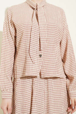 Ekoseli Yaka Bağlamalı Etekli Takım Bej - İkili Takım