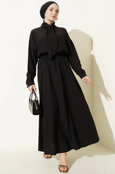 Ekoseli Yaka Bağlamalı Etekli Takım Siyah - İkili Takım