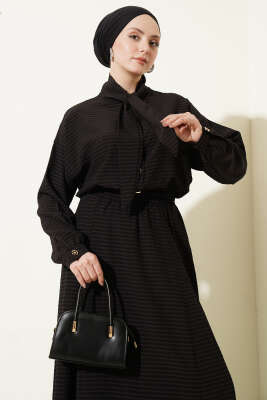 Ekoseli Yaka Bağlamalı Etekli Takım Siyah - İkili Takım