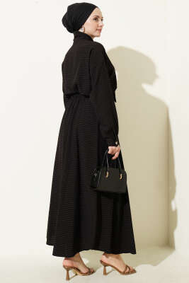 Ekoseli Yaka Bağlamalı Etekli Takım Siyah - İkili Takım