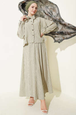 Ekoseli Yaka Bağlamalı Etekli Takım Taş - NESSİA