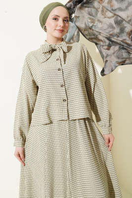 Ekoseli Yaka Bağlamalı Etekli Takım Taş - İkili Takım