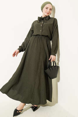 Ekoseli Yaka Bağlamalı Etekli Takım Zümrüt - NESSİA