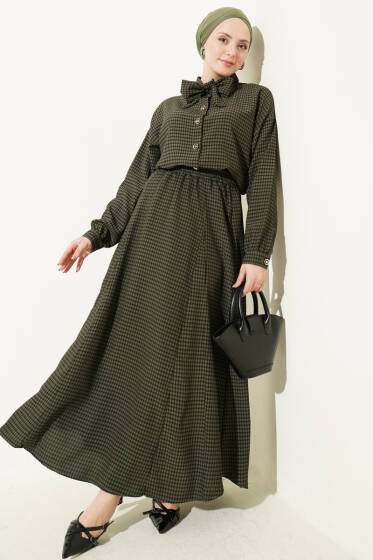 Ekoseli Yaka Bağlamalı Etekli Takım Zümrüt - İkili Takım