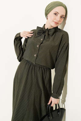 Ekoseli Yaka Bağlamalı Etekli Takım Zümrüt - İkili Takım