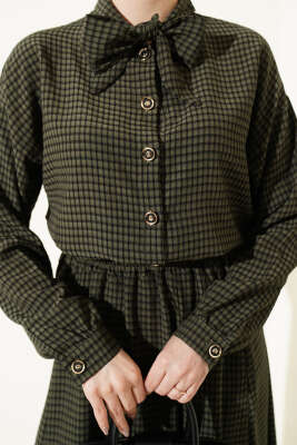 Ekoseli Yaka Bağlamalı Etekli Takım Zümrüt - İkili Takım