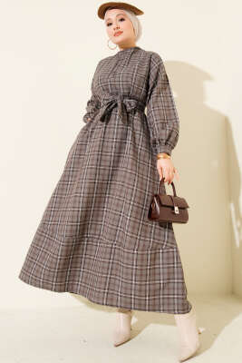 Ekoseli Yaka Düğmeli Elbise Füme - ASME