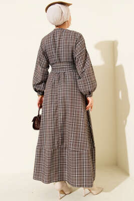 Ekoseli Yaka Düğmeli Elbise Füme - Elbise