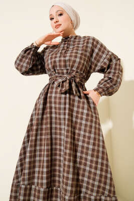 Ekoseli Yaka Düğmeli Elbise Kahve - Elbise