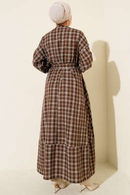 Ekoseli Yaka Düğmeli Elbise Kahve - Elbise