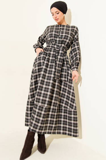 Ekoseli Yaka Düğmeli Elbise Siyah - Elbise