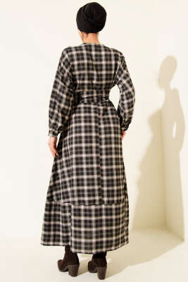 Ekoseli Yaka Düğmeli Elbise Siyah - Elbise