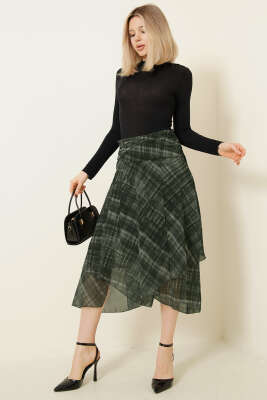 Ekoseli Yırtmaçlı Şifon Midi Etek Haki - CALİENTE