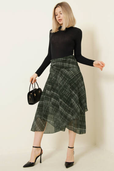 Ekoseli Yırtmaçlı Şifon Midi Etek Haki - Kadın Giyim Modelleri