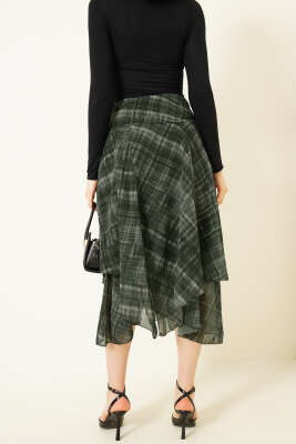 Ekoseli Yırtmaçlı Şifon Midi Etek Haki - Kadın Giyim Modelleri