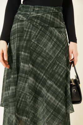 Ekoseli Yırtmaçlı Şifon Midi Etek Haki - Kadın Giyim Modelleri