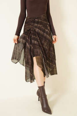 Ekoseli Yırtmaçlı Şifon Midi Etek Kahve - CALİENTE