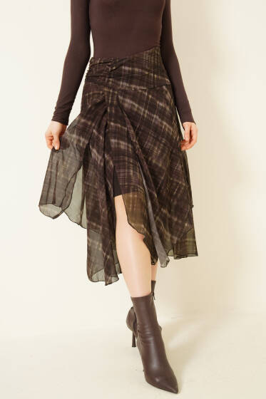 Ekoseli Yırtmaçlı Şifon Midi Etek Kahve - Kadın Giyim Modelleri