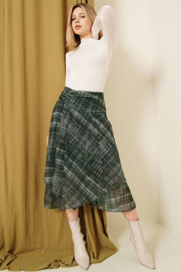 Ekoseli Yırtmaçlı Şifon Midi Etek Zümrüt - Kadın Giyim Modelleri