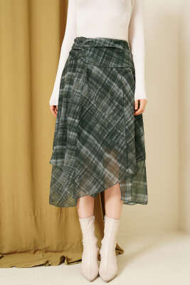 Ekoseli Yırtmaçlı Şifon Midi Etek Zümrüt - Kadın Giyim Modelleri