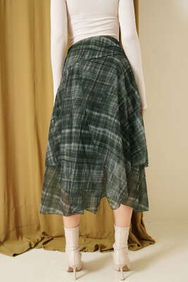 Ekoseli Yırtmaçlı Şifon Midi Etek Zümrüt - Kadın Giyim Modelleri