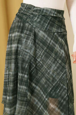 Ekoseli Yırtmaçlı Şifon Midi Etek Zümrüt - Kadın Giyim Modelleri