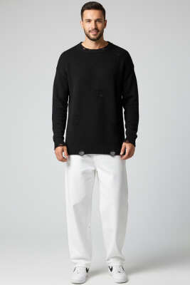 Yıpratma Detaylı Triko Erkek Kazak Siyah - Erkek Kazak