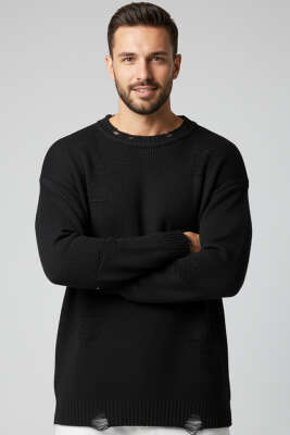 Yıpratma Detaylı Triko Erkek Kazak Siyah - EKSİ BİR