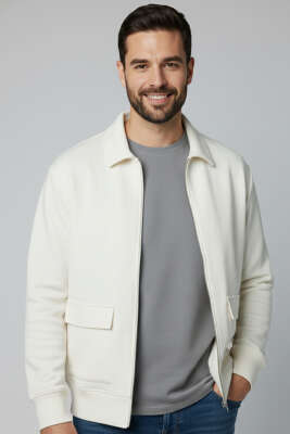 Fermuarlı Triko Erkek Hırka Kemik 