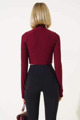 El Detaylı Fermuarlı Crop Bordo - Kadın Giyim Modelleri