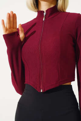 El Detaylı Fermuarlı Crop Bordo - Kadın Giyim Modelleri