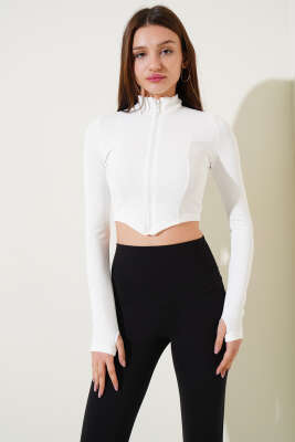 El Detaylı Fermuarlı Crop Ekru - Kadın Giyim Modelleri