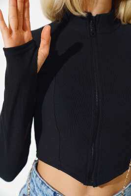 El Detaylı Fermuarlı Crop Siyah - Kadın Giyim Modelleri