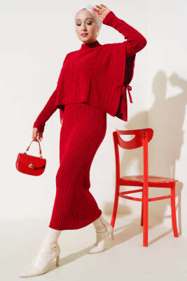 Elbise-Süveter Triko İkili Takım Kırmızı - Triko İkili Takım