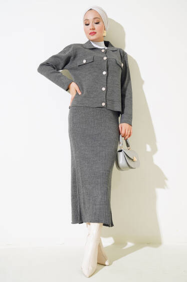 Elbiseli Ceketli Triko İkili Takım Füme - İkili Takım