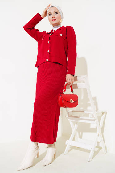 Elbiseli Ceketli Triko İkili Takım Kırmızı - İkili Takım