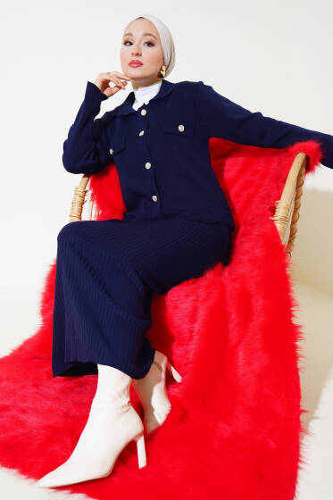 Elbiseli Ceketli Triko İkili Takım Lacivert - İkili Takım