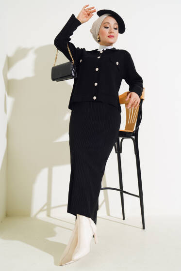 Elbiseli Ceketli Triko İkili Takım Siyah - Triko