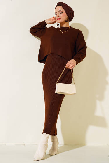 Elbiseli Triko Takım Kahve - İkili Takım