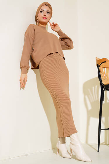 Elbiseli Triko Takım Latte - İkili Takım