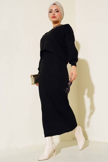 Elbiseli Triko Takım Siyah - İkili Takım