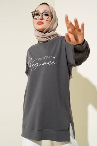 Elegance Baskılı İki İplik Tunik Füme - Tunik