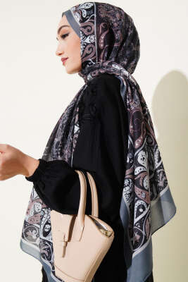 Elegant Motif Soft Şal Siyah Gri - Başörtüsü